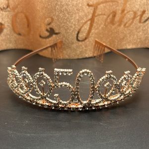 50 & Fabulous Rose Gold Sparkle Sash & Rhinestone Tiara